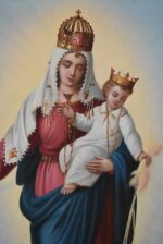 Starožitná olejomalba Panny Marie Svatohostýnské s Ježíškem metajícím blesky po roce 1870.