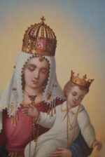 Starožitná olejomalba Panny Marie Svatohostýnské s Ježíškem metajícím blesky po roce 1870.