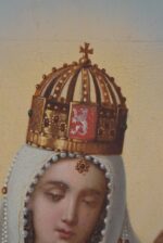 Starožitná olejomalba Panny Marie Svatohostýnské s Ježíškem metajícím blesky po roce 1870.