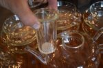 Starožitný čajový servis Jenaer Glas Tefla Jena Therm z žáruvzdorného borosilikátového skla.