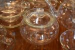 Starožitný čajový servis Jenaer Glas Tefla Jena Therm z žáruvzdorného borosilikátového skla.