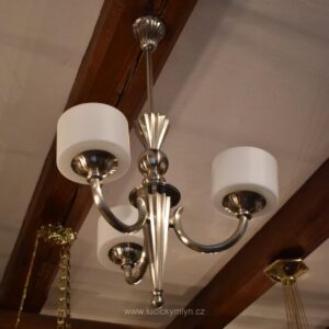 Starožitný rondokubistický tří-ramenný lustr ve stylu Dagoberta Peche z chromované mosazi.