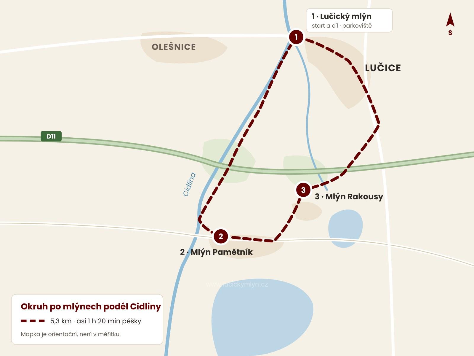 Mapka pěšího okruhu po mlýnech podél Cidliny: Lučice – Pamětník – Rakousy, 5,3 km