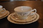 Starožitné porcelánové šálky s podšálky Franz Manka Stará Role, pár.